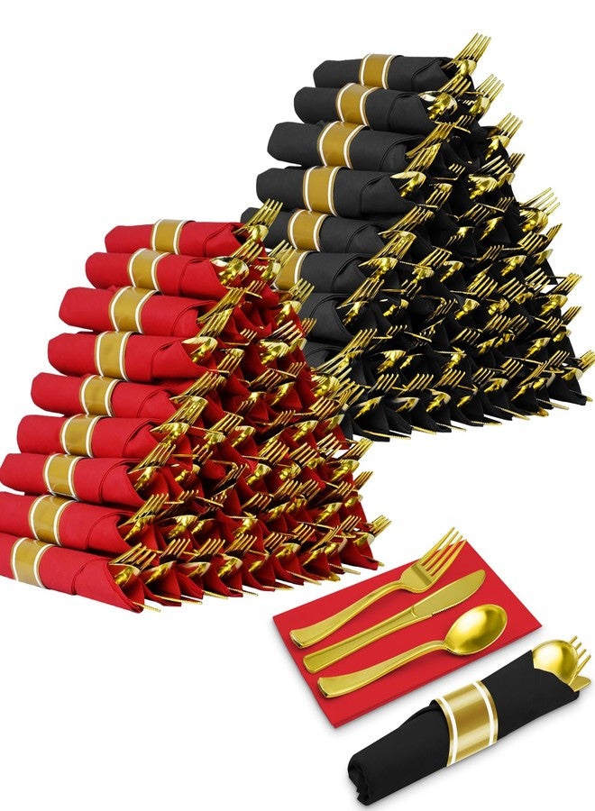 MEINV 100 Packs Gold Pre Rolled Plastic Silverware Sets - Black & Red Napkin Wrapped Disposable Plastic Cutlery Set with 100 Napkins, 100 Knives, 100 Forks and 100 Spoons for Wedding Birthday Party Dinner - Image 1