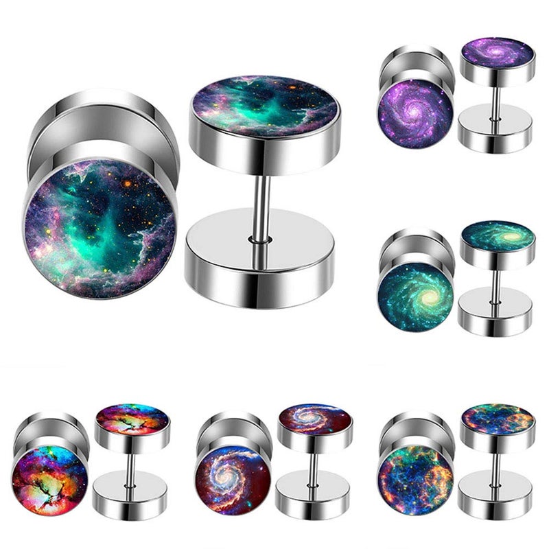 FLYUN 6Pairs Black Men Earring Galaxy Nebula Earrings Fake Ear Gauge Cheater Piercing Plug Tunnel 10MM Stainless Steel (Orange)