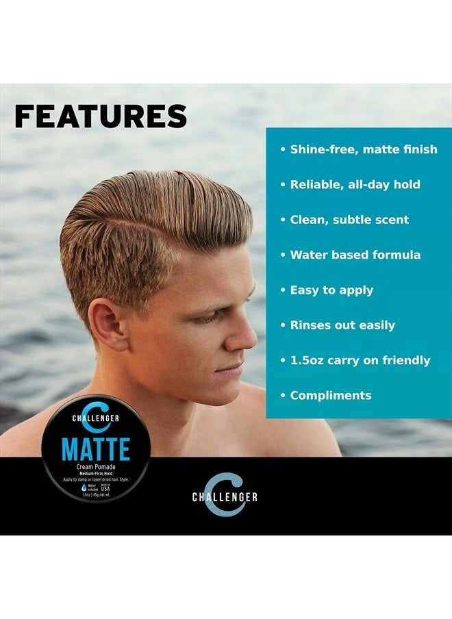 Challenger - Men's Matte Cream Pomade, 1.5 Ounce | Natural Finish, Clean & Subtle Scent | Medium Firm Hold | Best Water Based Hair Styling Paste, Wax, Fiber, Clay, & Gel All In One - Image 1