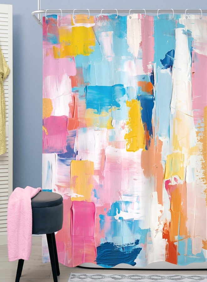 Cinbloo Abstract Colorful Shower Curtain 72Wx72H Watercolor Pink Blue Oil Painting Minimalist Modern Bathroom Set Aesthetic Bath Curtain Cloth Fabric Bathroom Accessories Decor with 12 Hooks - Image 2