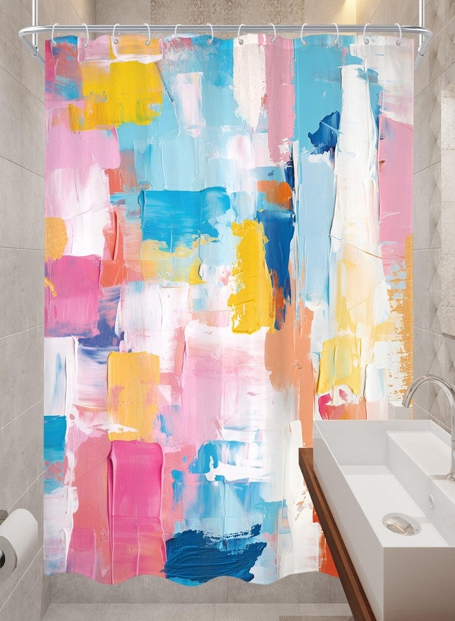 Cinbloo Abstract Colorful Shower Curtain 72Wx72H Watercolor Pink Blue Oil Painting Minimalist Modern Bathroom Set Aesthetic Bath Curtain Cloth Fabric Bathroom Accessories Decor with 12 Hooks - Image 4