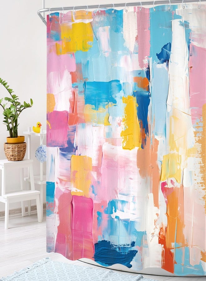 Cinbloo Abstract Colorful Shower Curtain 72Wx72H Watercolor Pink Blue Oil Painting Minimalist Modern Bathroom Set Aesthetic Bath Curtain Cloth Fabric Bathroom Accessories Decor with 12 Hooks - Image 3