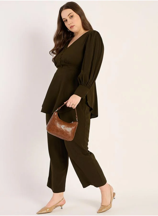 فيميلا Plus Size Crinkled V Neck Top and Pants Co-Ords by Styli