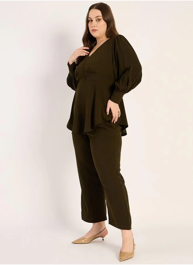 فيميلا Plus Size Crinkled V Neck Top and Pants Co-Ords by Styli