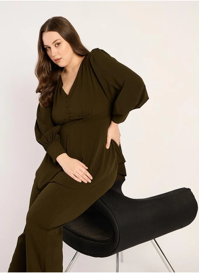 فيميلا Plus Size Crinkled V Neck Top and Pants Co-Ords by Styli