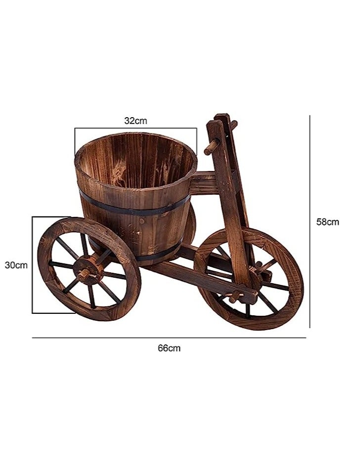 HOME TASTE Hometaste Cycle Shaped Wooden Flowers Pot Wood Cart Garden Planter Pot With 3 Wheels Barrow Wagon Flower Barrel Outdoor Decoration For Patio Lawn Backyard Wooden Flower Vase Flowers Planter  - Image 2