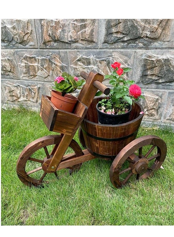 HOME TASTE Hometaste Cycle Shaped Wooden Flowers Pot Wood Cart Garden Planter Pot With 3 Wheels Barrow Wagon Flower Barrel Outdoor Decoration For Patio Lawn Backyard Wooden Flower Vase Flowers Planter  - Image 3