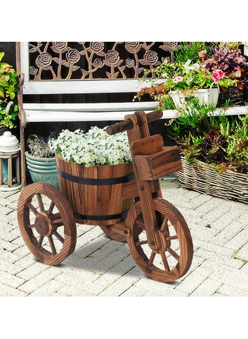HOME TASTE Hometaste Cycle Shaped Wooden Flowers Pot Wood Cart Garden Planter Pot With 3 Wheels Barrow Wagon Flower Barrel Outdoor Decoration For Patio Lawn Backyard Wooden Flower Vase Flowers Planter  - Image 5
