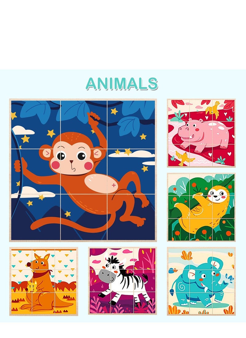 Small Wooden Block Puzzle Toddler 3+ Years Kid Montessori Learning Games Educational Interactive Toys, Preschoolers Cube Puzzle with Storage Tray - Animal + Transportation(2 PCS) - Image 3