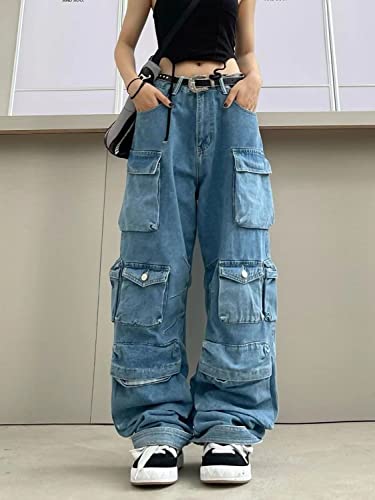 Sumleno Women's Baggy Cargo Pants Y2K Clothing Multi-Pocket Relaxed Fit Jeans Fairy Grunge Clothes Alt Emo Streetwear (Blue Jeans,M) - Image 2