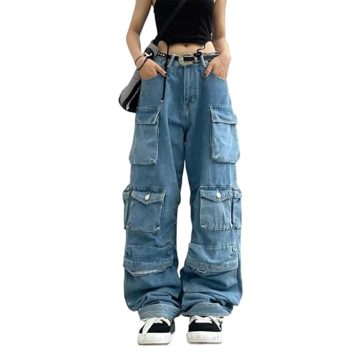 Sumleno Women's Baggy Cargo Pants Y2K Clothing Multi-Pocket Relaxed Fit Jeans Fairy Grunge Clothes Alt Emo Streetwear (Blue Jeans,M) - Image 1