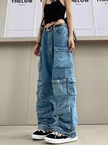 Sumleno Women's Baggy Cargo Pants Y2K Clothing Multi-Pocket Relaxed Fit Jeans Fairy Grunge Clothes Alt Emo Streetwear (Blue Jeans,M) - Image 3