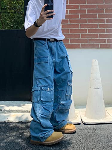 Sumleno Women's Baggy Cargo Pants Y2K Clothing Multi-Pocket Relaxed Fit Jeans Fairy Grunge Clothes Alt Emo Streetwear (Blue Jeans,M) - Image 4