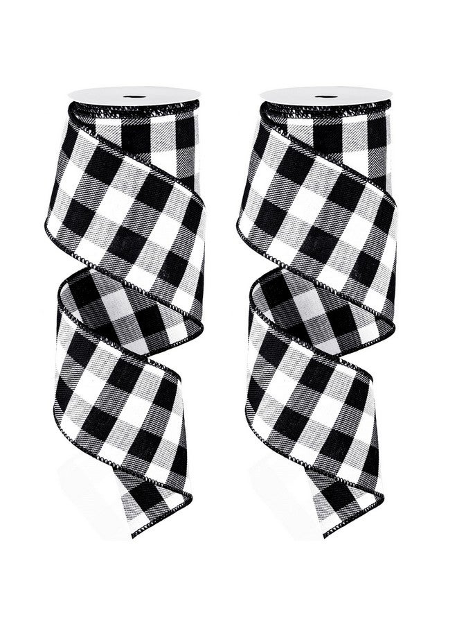 Whaline 2 Rolls Wired Edge Plaid Ribbon Christmas Buffalo Check Ribbon White Black Plaid Ribbon 2.5" Wide Farmhouse Craft Ribbon For Diy Gift Wrapping Wreath Xmas Tree Bow Decoration 10 Yard - Image 1