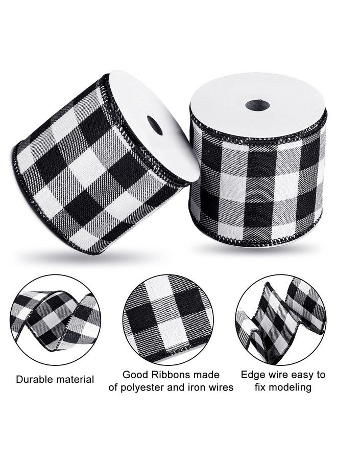Whaline 2 Rolls Wired Edge Plaid Ribbon Christmas Buffalo Check Ribbon White Black Plaid Ribbon 2.5" Wide Farmhouse Craft Ribbon For Diy Gift Wrapping Wreath Xmas Tree Bow Decoration 10 Yard - Image 3