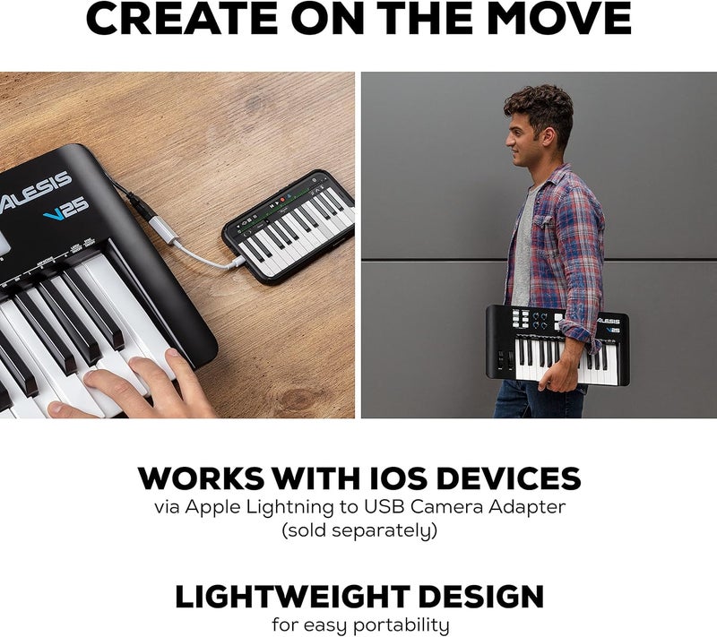 أليسيس V25 MKII – وحدة تحكم لوحة مفاتيح MIDI عبر USB مع 25 مفتاحًا حساسًا للسرعة، و8 وسادات كاملة المستوى، ومُولّد الأربيجيو، وعجلة التحكم في الطبقة/التعديل، وتكرار النغمات، وحزمة البرامج - Image 5