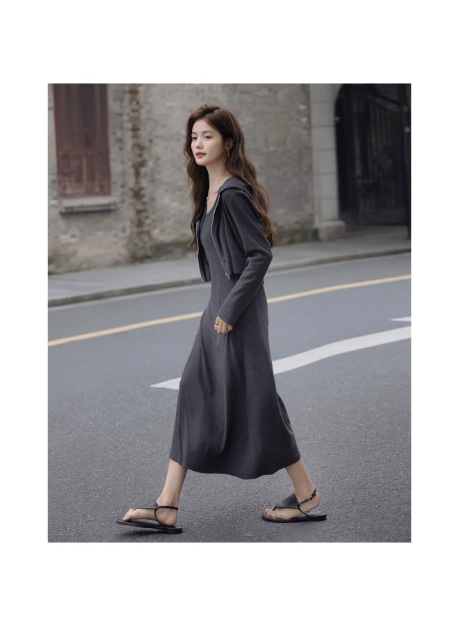 Mt Cloud Cotton Set Autumn Lazy Hooded Cardigan Vest A-line Dress Women's Two-piece Set - Image 3