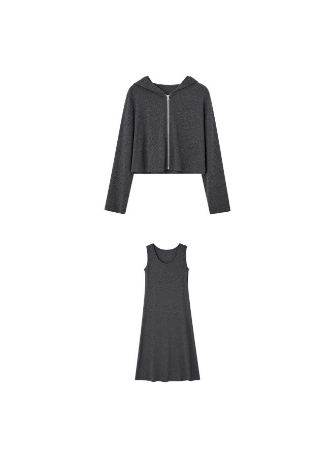 Mt Cloud Cotton Set Autumn Lazy Hooded Cardigan Vest A-line Dress Women's Two-piece Set - Image 4