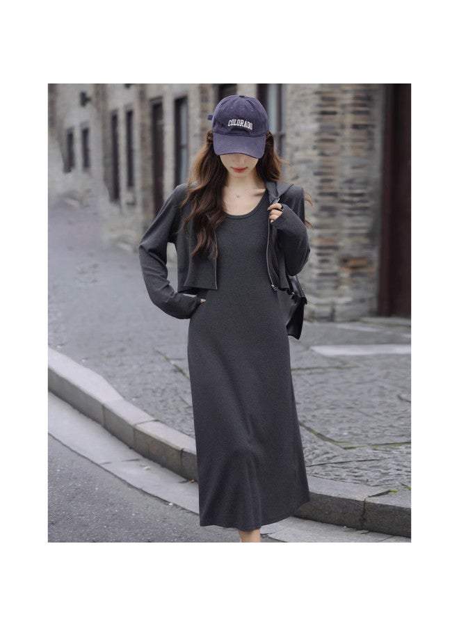 Mt Cloud Cotton Set Autumn Lazy Hooded Cardigan Vest A-line Dress Women's Two-piece Set - Image 1