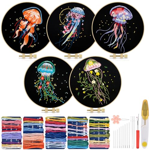 TINDTOP Embroidery Kit for Adults, 5 Sets Jellyfish Embroidery Kit for Beginners Include Embroidery Cloth Hoops Threads for Craft Lover Hand Stitch with Embroidery Skill Techniques - Image 1