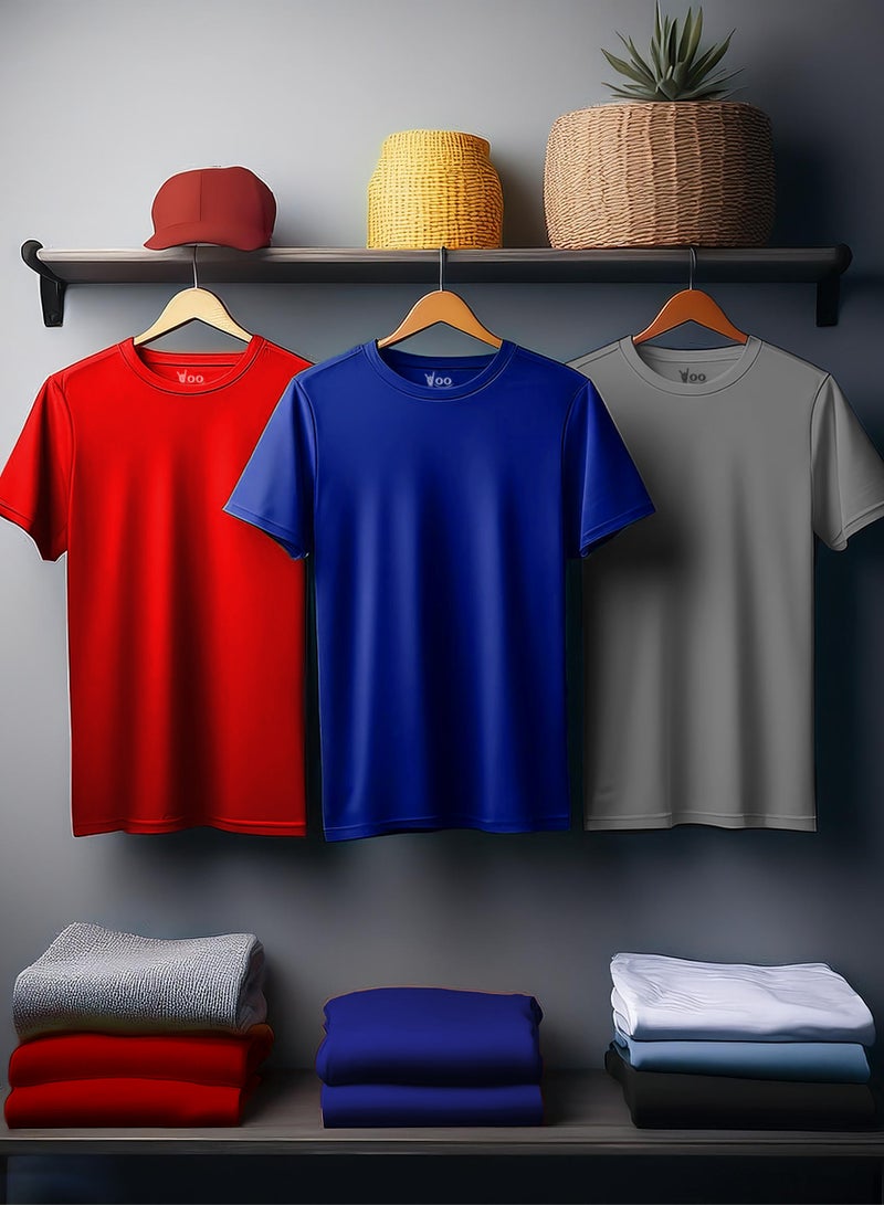 Yoo Street Bundle of 3 Classic T-Shirts - BLUE RED GRAY