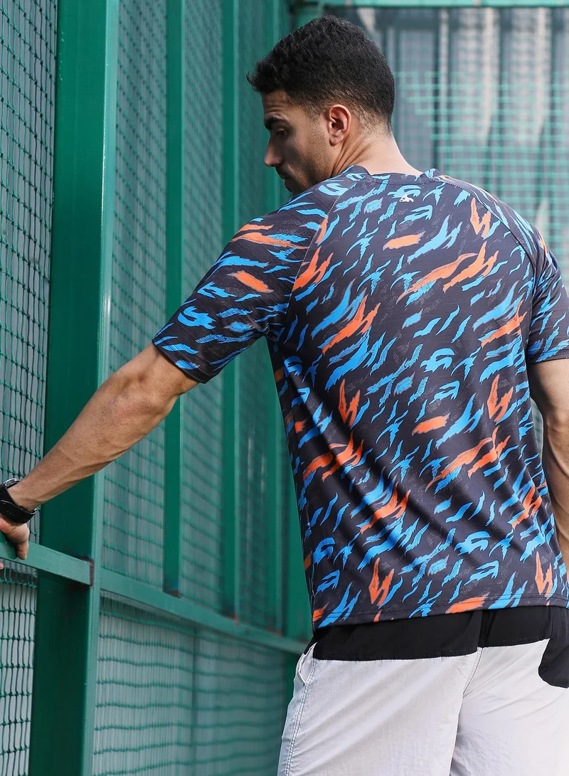 CAHOOT  Men's Sky Blue & Charcoal Black Block-Swirl Activewear T-Shirt for Men | Best Price UAE