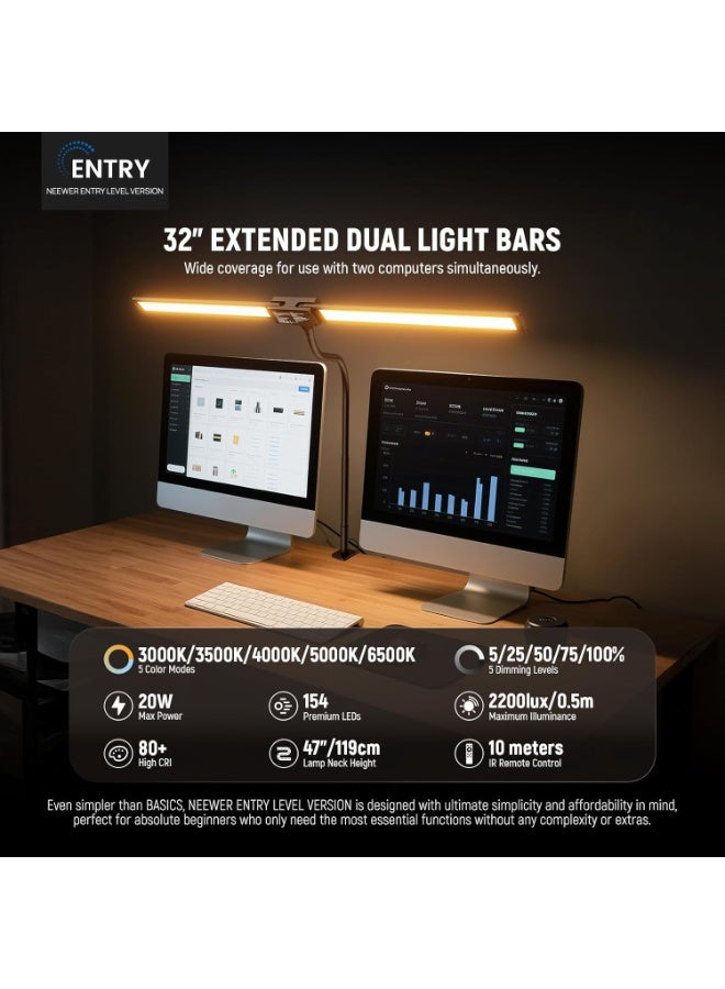 NEEWER N21 32" (81cm) LED Desk Clamp Lamp for Home Office & Dorm – 20W Dual Light Bars, 154 LEDs, 2200Lux/0.5m, CRI80+, 5 Color Modes, 5 Dimming Levels, Remote Control, Flexible Overhead Design, For Dual Monitor, Architect, Designer & Drafting Desks - Image 3