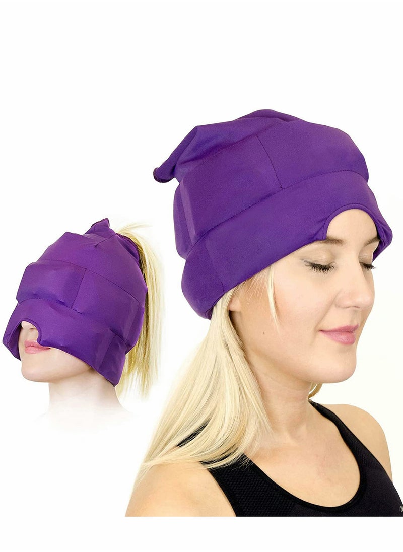 Excefore Headache Relief Cap Form Fitting Ice Head Wrap A Mask or Hat Used for Tension Relief. Stretchy, Comfortable, Cool, Purple  - Image 1