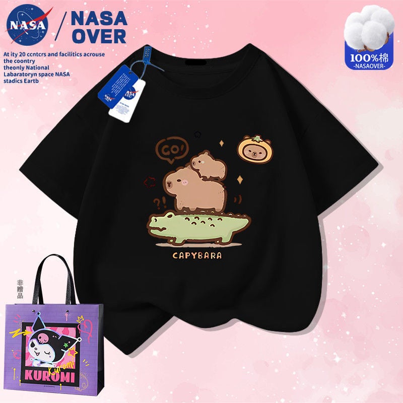 Nasa Co-Brand Capibala Capybara Cartoon Q Edition Pure Cotton Short-Sleeved T-Shirt New Summer Top For Middle And Large Children - Image 1