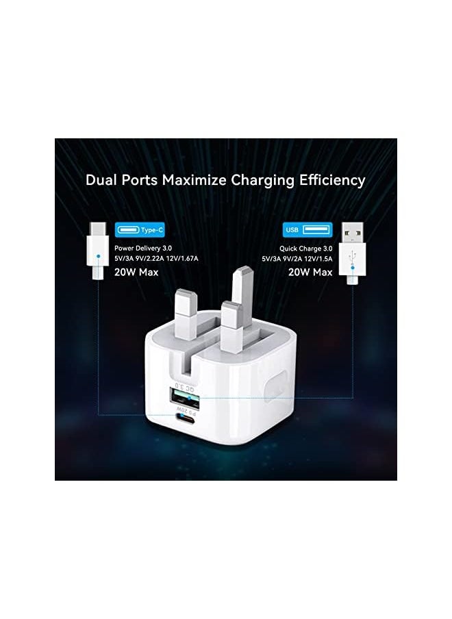 USB C Charger Block, 2-Ports [USB-C + USB] Charging Station, QC PD3.0 GaN Fast Charging Block, Type C Power Adapter for iPad Pro/iPhone/Samsung Note/Galaxy (Not with Cable)