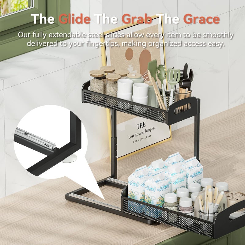 YASONIC 2 Pack Under Sink Organizer, 2 Tier Height Adjustable Kitchen Cabinet Organizer, Pull Out Metal Cabinet Shelf Organizer, Under the Sink Organizers and Storage for Kitchen & Bathroom, Black - Image 5