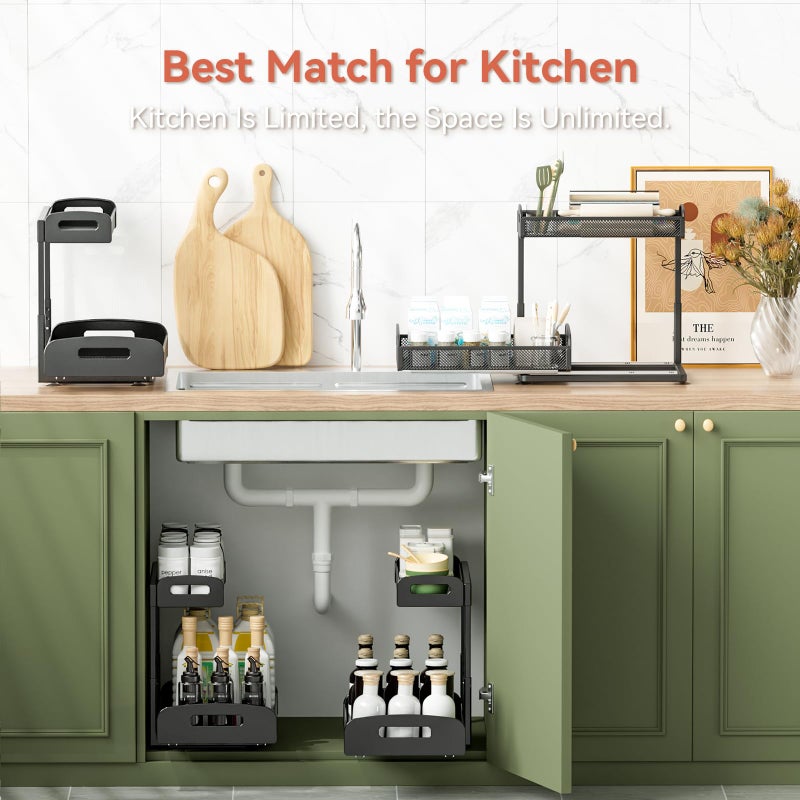 YASONIC 2 Pack Under Sink Organizer, 2 Tier Height Adjustable Kitchen Cabinet Organizer, Pull Out Metal Cabinet Shelf Organizer, Under the Sink Organizers and Storage for Kitchen & Bathroom, Black - Image 2