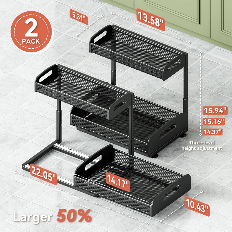 YASONIC 2 Pack Under Sink Organizer, 2 Tier Height Adjustable Kitchen Cabinet Organizer, Pull Out Metal Cabinet Shelf Organizer, Under the Sink Organizers and Storage for Kitchen & Bathroom, Black - Image 3