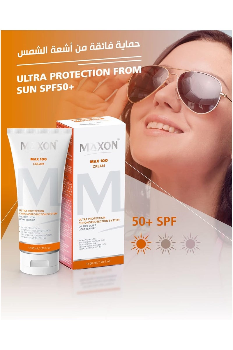 MAX-ON SUN Face Cream SPF 50+ â Oil-Free Broad Spectrum Sunscreen with Chronoprotection System | UVA & UVB Defense | Lightweight Daily Face Sunblock â 50ml - Image 2