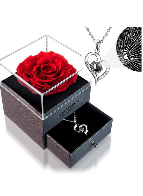 وردة LOVAPPY المحفوظة مع قلادة - وردة لا متناهية في صندوق الحب - مصنوعة من وردة جمال طازجة حقيقية - هدايا رومانسية لها، أنثى، أم