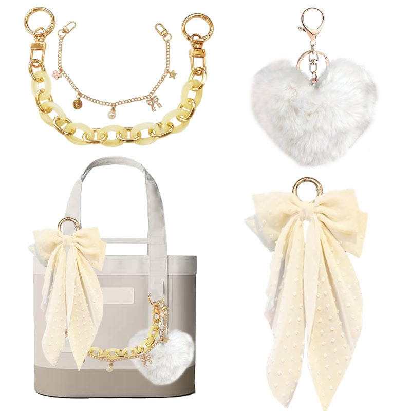 CuddleJunk Bag Charms for Tote Bags, Satin Bow Keychain Kit Accessories for Yeti Camino, Fluffy Ball Gold Chains Charms for Women Purse Beach Handbag (Cream) - Image 1