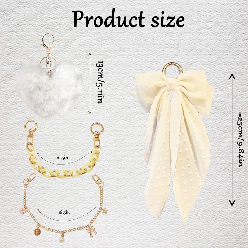 CuddleJunk Bag Charms for Tote Bags, Satin Bow Keychain Kit Accessories for Yeti Camino, Fluffy Ball Gold Chains Charms for Women Purse Beach Handbag (Cream) - Image 2