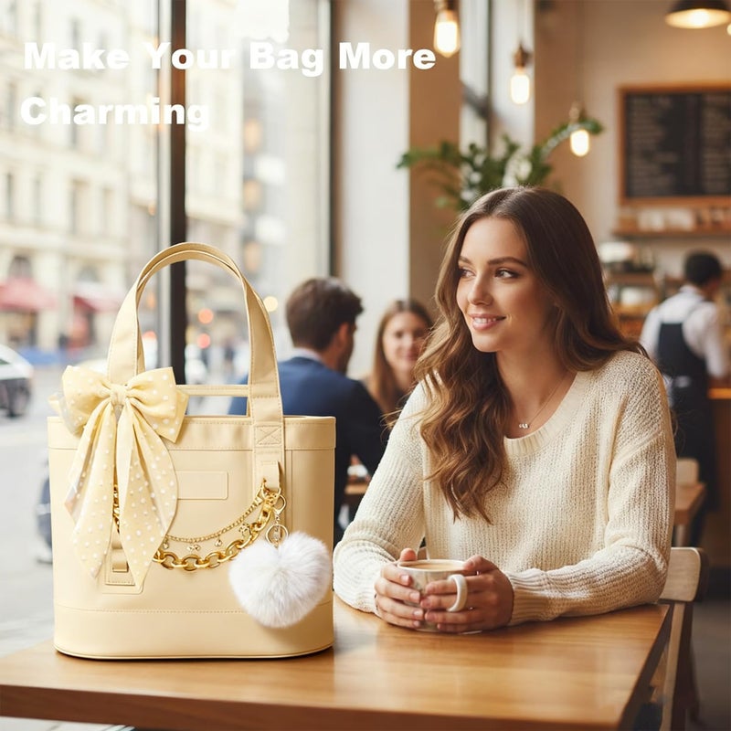 CuddleJunk Bag Charms for Tote Bags, Satin Bow Keychain Kit Accessories for Yeti Camino, Fluffy Ball Gold Chains Charms for Women Purse Beach Handbag (Cream) - Image 3