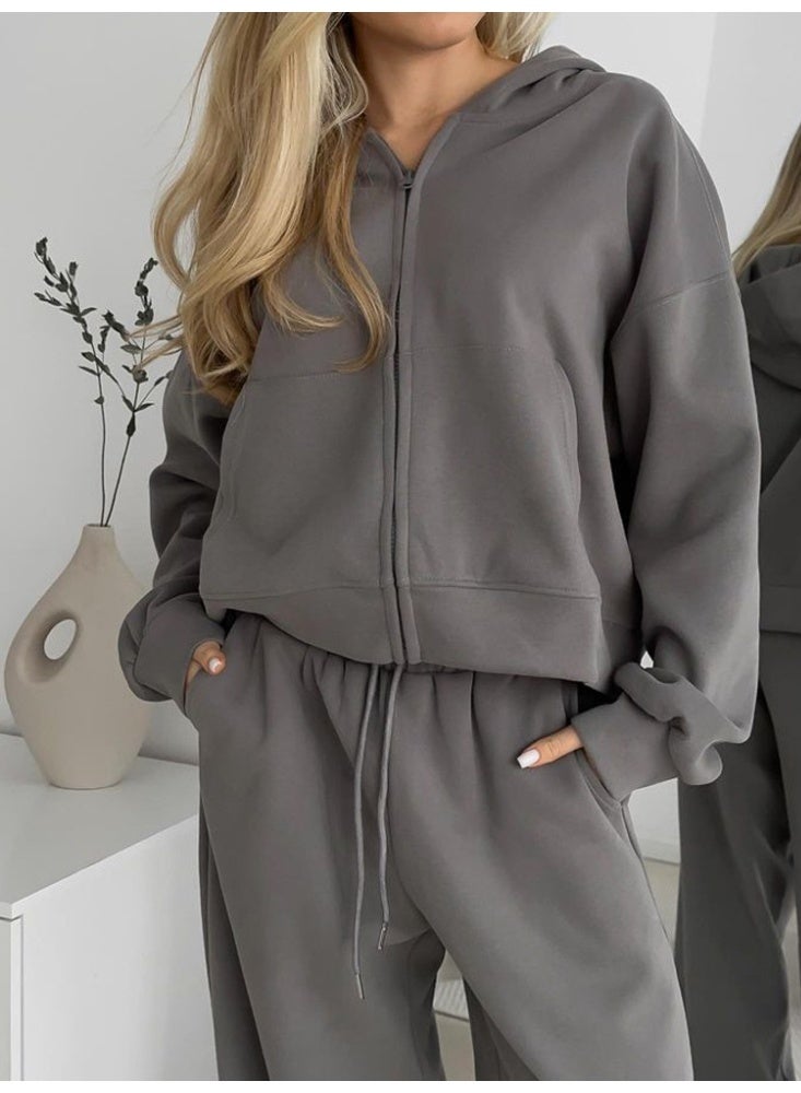 NIBEMINENT Casual Women's Tracksuit With Hat Zipper Full Sleeve Coat Loose Pants Solid Two Pieces Female Sets  Autumn Sport Lady Suit - Image 1