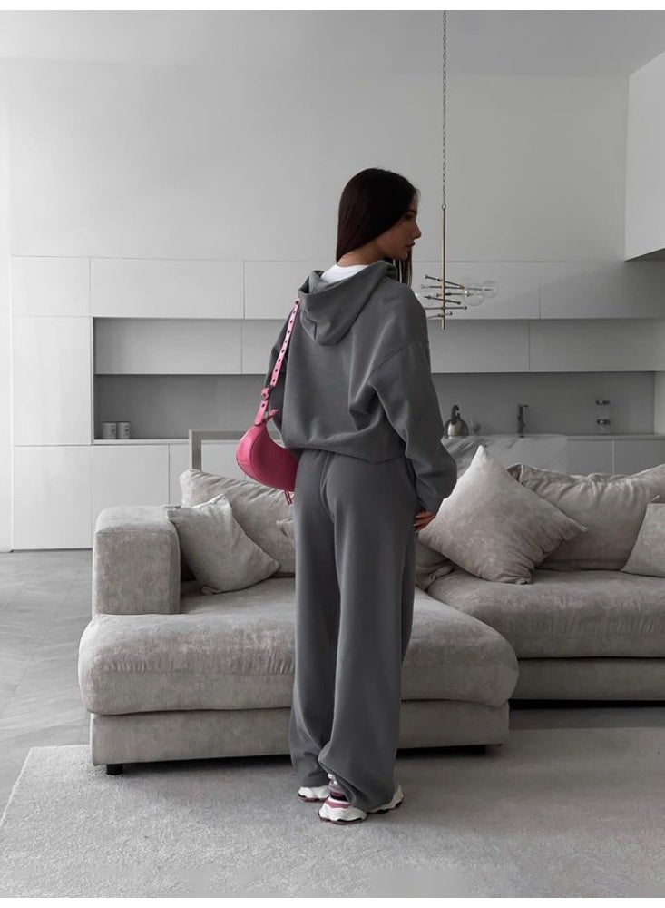 NIBEMINENT Casual Women's Tracksuit With Hat Zipper Full Sleeve Coat Loose Pants Solid Two Pieces Female Sets  Autumn Sport Lady Suit - Image 2