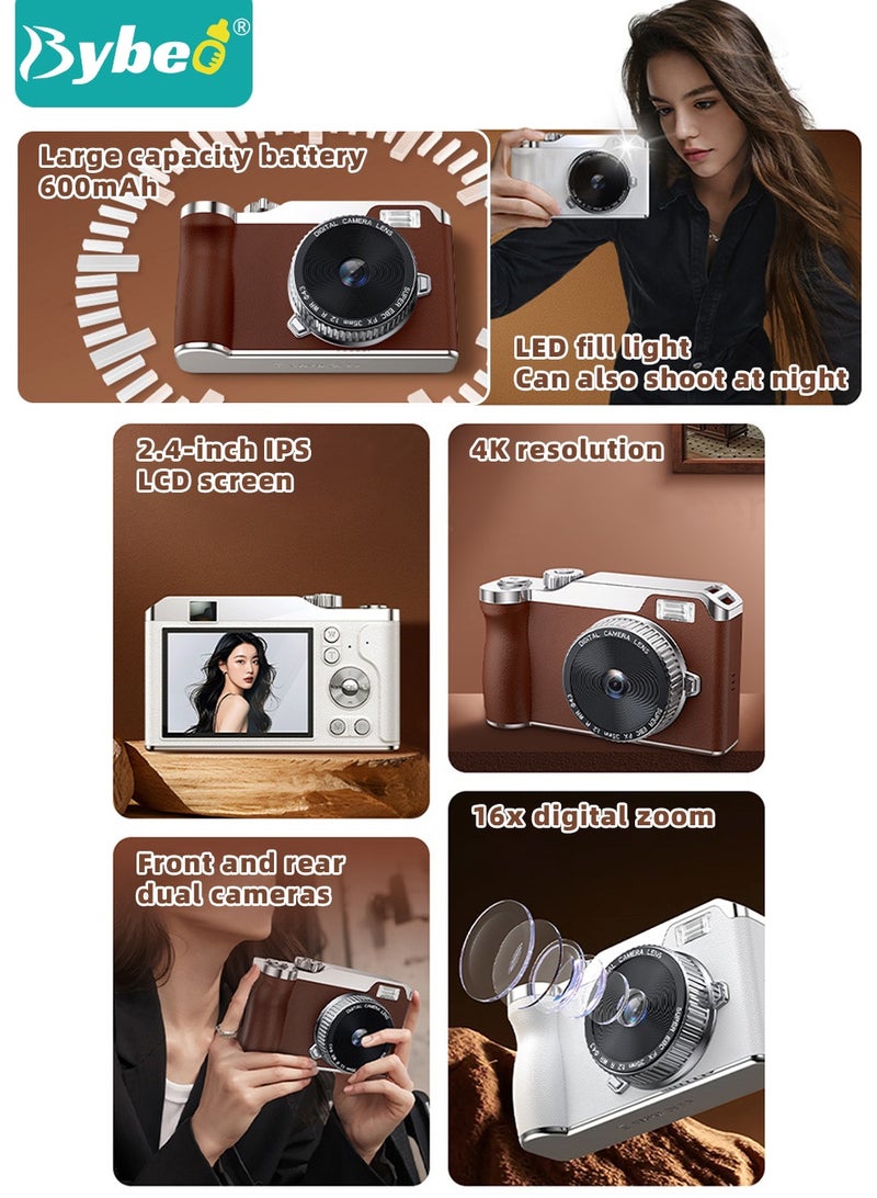 Bybeo Digital Camera, FHD 4K Camera, Digital Point and Shoot Camera with 16X Zoom,Portable Small Camera for Kids and Adult, Anti-Shake CCD Camera with 32G SD Card, 2.4 Inches IPS Screen - Image 3