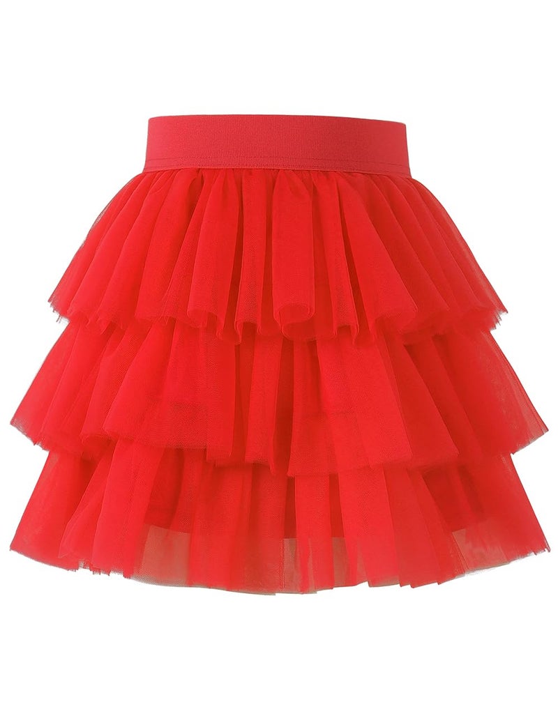 Noomelfish Little Girls Layered Tutu Skirt Ruffle Tiered Tulle Party Dance Skirts, Red, Size 9-10Years - Image 2