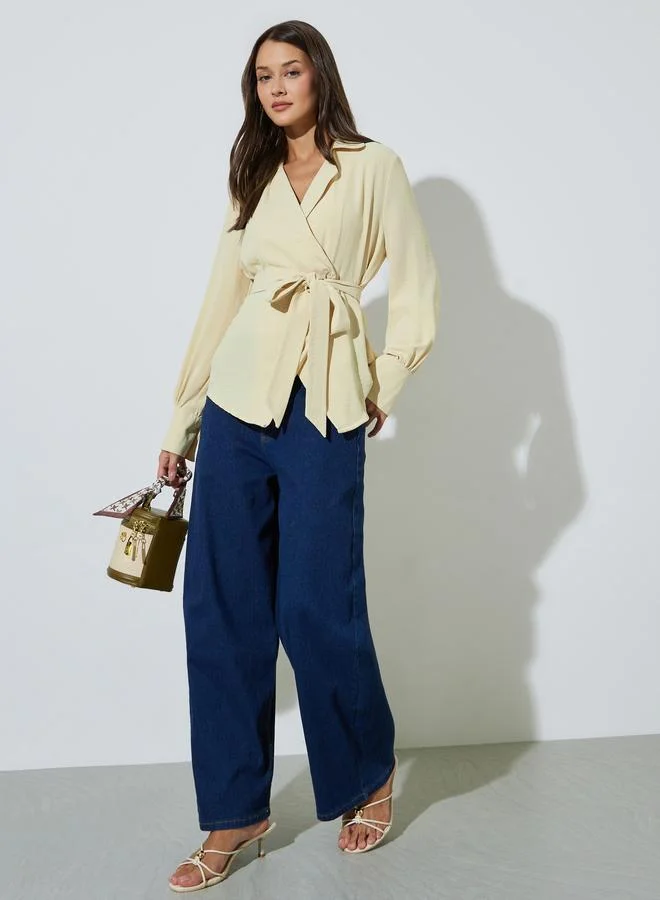 ستايلي Yellow Textured Long Sleeves Belted Wrap Top