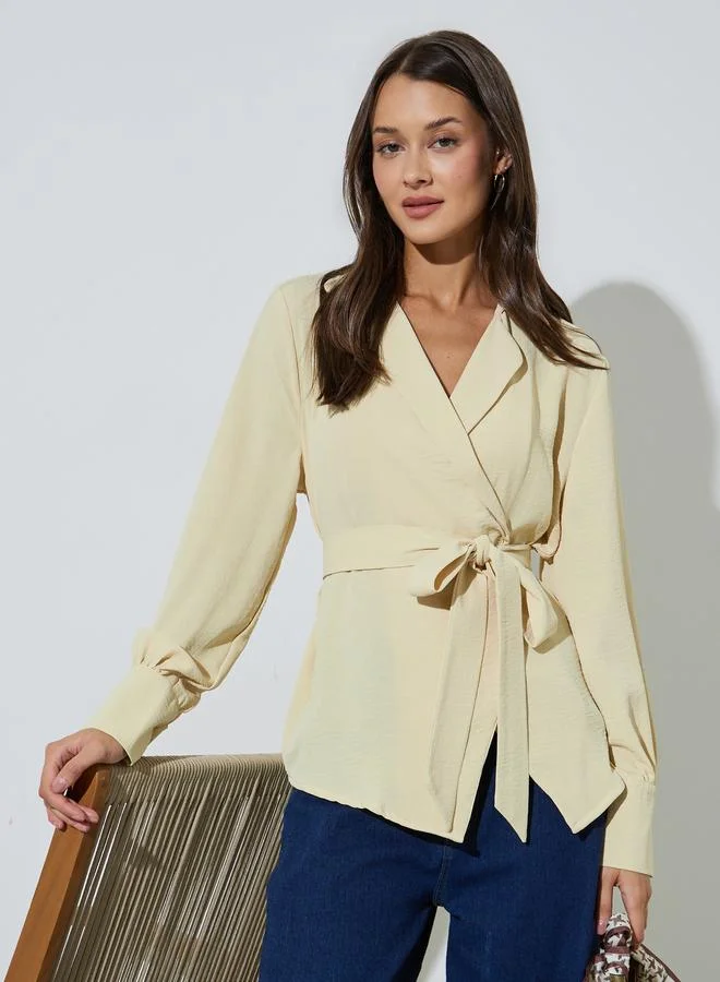 ستايلي Yellow Textured Long Sleeves Belted Wrap Top