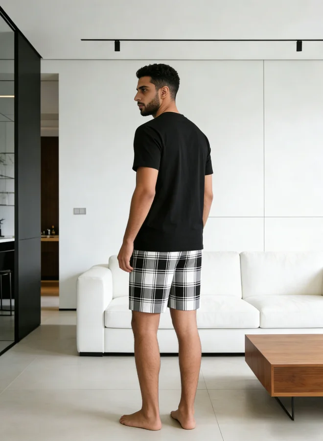 Take Two Black Men Black T-Shirt and Checkered Shorts Pyjama Set for Men | Best Price UAE
