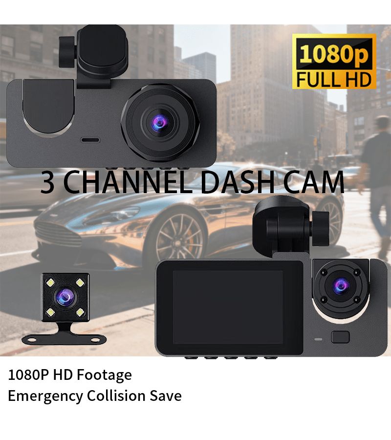Three Way Dash Cam With Collision Lock Feature And 24 Hour Loop Recording Main Camera 1080P Rear Camera 720P Built In Left And Right Lenses 480P Black - Image 1