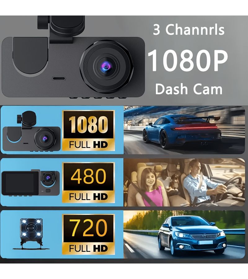 Three Way Dash Cam With Collision Lock Feature And 24 Hour Loop Recording Main Camera 1080P Rear Camera 720P Built In Left And Right Lenses 480P Black - Image 3