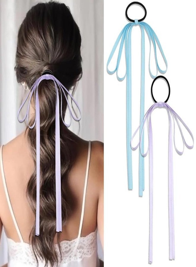 Minta 2PCS Luxury Silky Satin Bow Tassel Ribbon Bowknot Hair Ties and Ponytail Holders for Women, Girls, Teens (Purple+Blue) - Image 1
