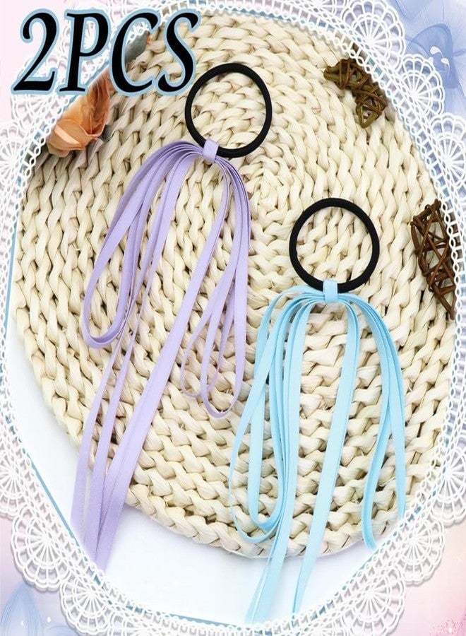 Minta 2PCS Luxury Silky Satin Bow Tassel Ribbon Bowknot Hair Ties and Ponytail Holders for Women, Girls, Teens (Purple+Blue) - Image 4