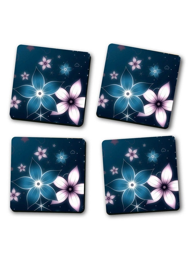 ASHVAH Flower Pattern Print/Typography Tea/Coffee Mug/Designer Handmade Wooden Coaster Set for Home Kitchen, Office Desk - Set of 4 - Square: 10cm - Image 2